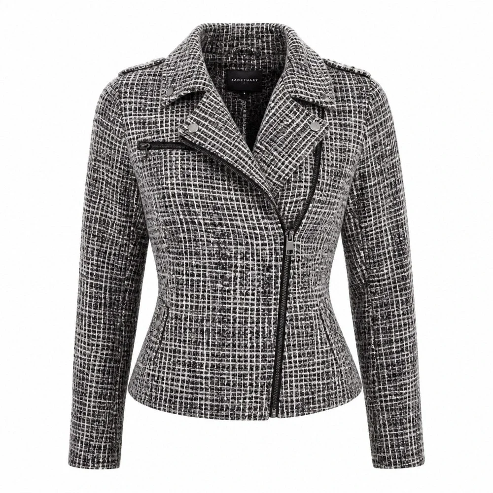 Lane Bryant Moto Jacket Women 24 Black White Tweed Sequin Biker Blazer NWT